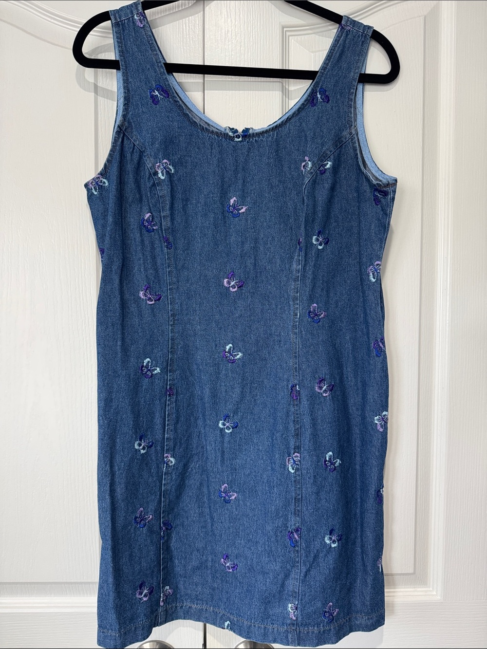California concepts Sleeveless Denim Dress with Purple Butterfly Embroidery